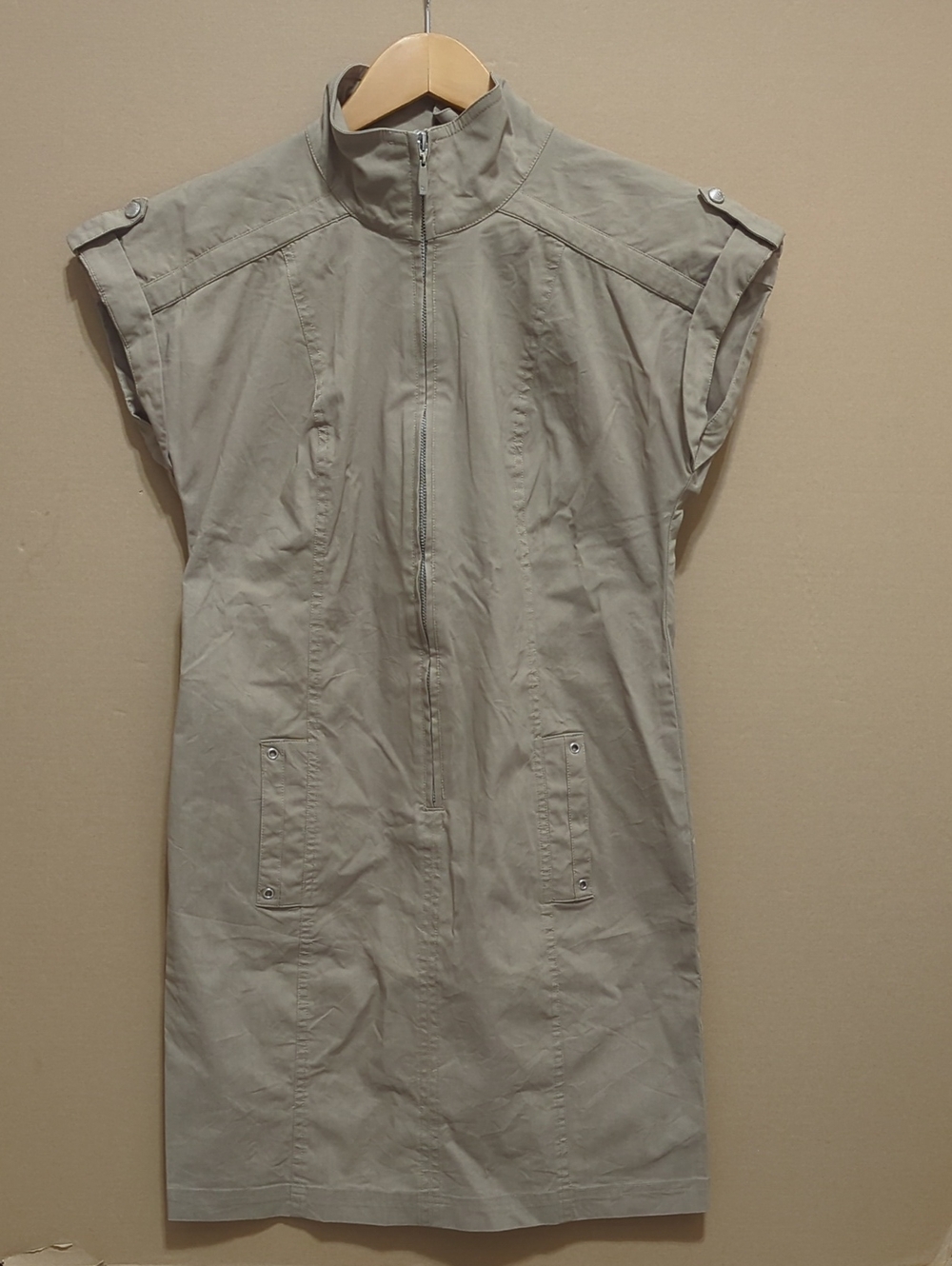 Peter Nygard Khaki Shirt Dress Women's 6 Petites Zipper Midi Cotton Blend